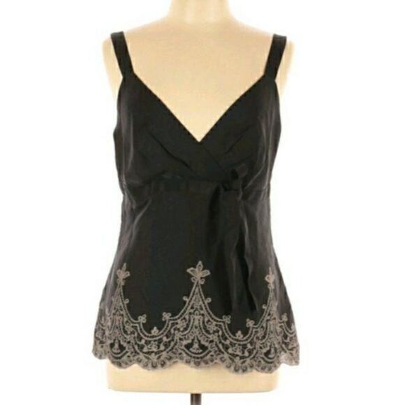 Loft Satin Surplice Empire Tie Back Scalloped Lace Scroll Cami Top Black Sz 12 - Picture 1 of 10